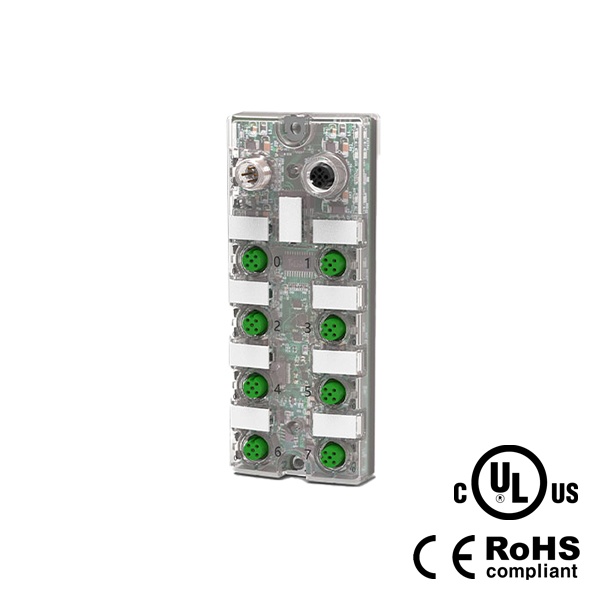 IP67, M12 인터페이스 IO-Link 허브, 플라스틱, 8포트, 16DI, NPN, 확장 모듈, 00B933