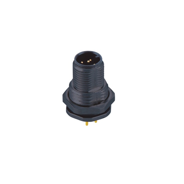 M12-3핀 패널커넥터/숫놈/전면체결/플라스틱/PCB타입/A코딩/M15X1.0탭